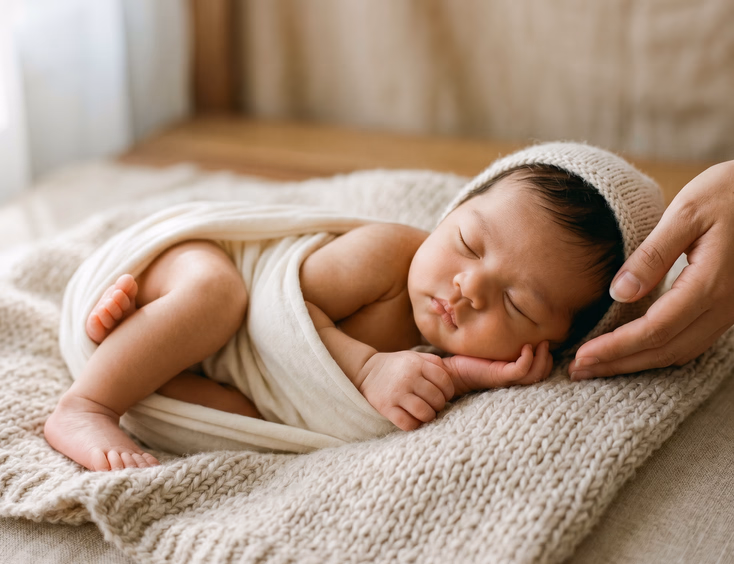 A serene Filipino newborn rests in a classic curled sleeping pose on a soft neutral blanket, with a hand gently nearby for safety.