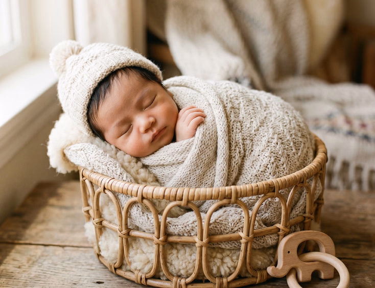 A sweet Filipino newborn wears a cozy knit hat, nestled comfortably inside a small woven basket under warm, soft studio lighting.