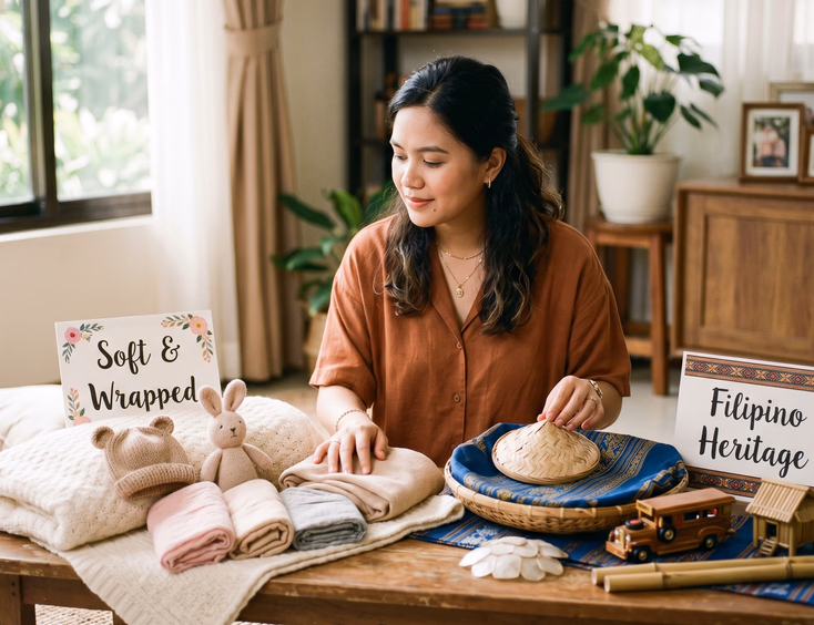 A thoughtful Filipino mother considers sample props, deciding between a soft wrapped setup and a heritage theme for her newborn's photoshoot.