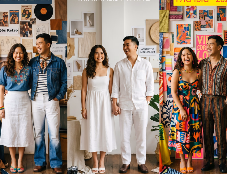 Filipino couple in multiple stylized outfits representing different prenup shoot themes.