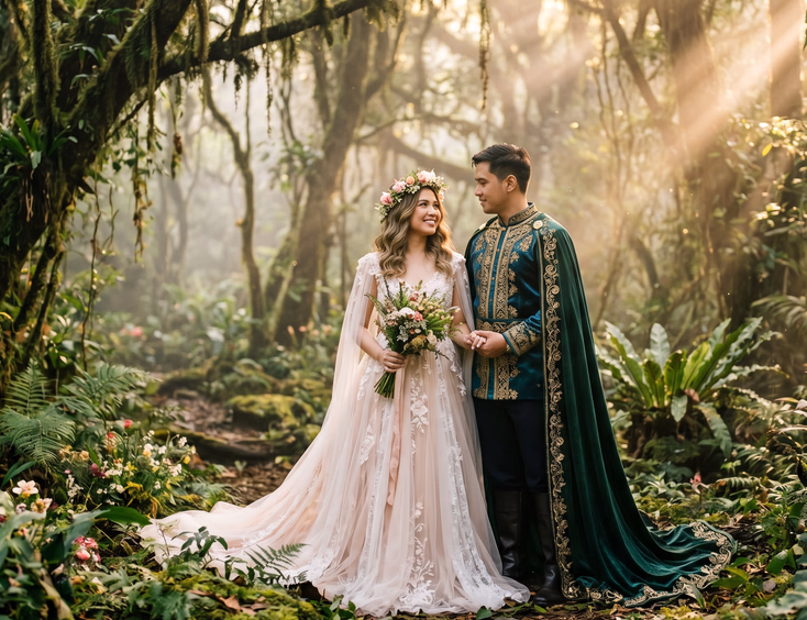 Filipino couple in fantasy-themed prenup attire within an enchanted forest in the Philippines.