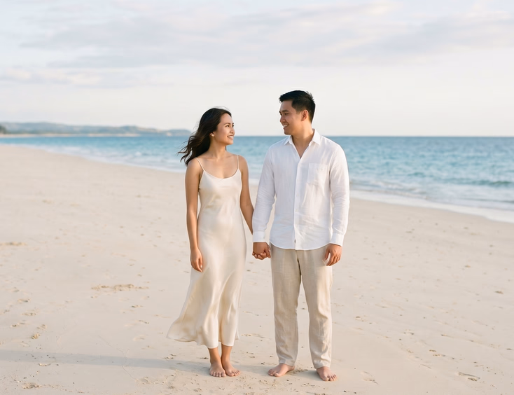Filipino couple wearing minimalist outfits posing on an empty beach in the Philippines for a prenup shoot.
