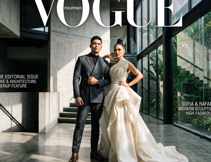 Filipino couple in high fashion editorial prenup attire inside a modern architectural space in the Philippines.