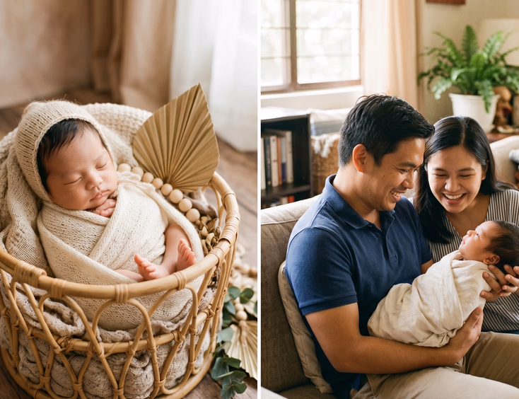 A comparison split scene showing a Filipino newborn in a styled studio basket pose next to a candid lifestyle moment with parents at home.