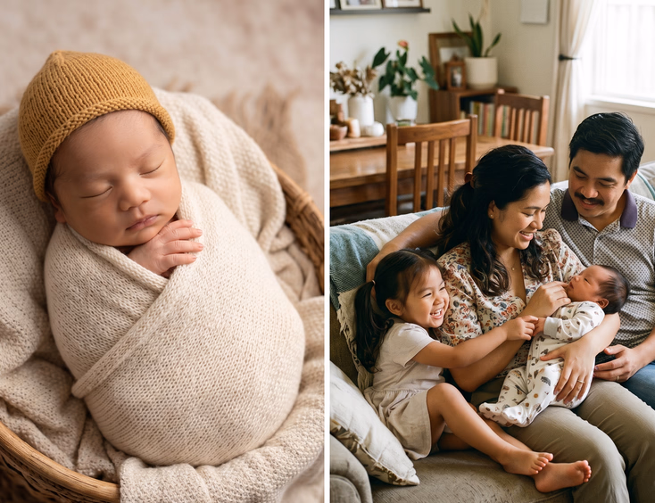 A Filipino newborn in a polished studio pose displayed next to a Filipino family relaxing naturally with their baby in a home setting.