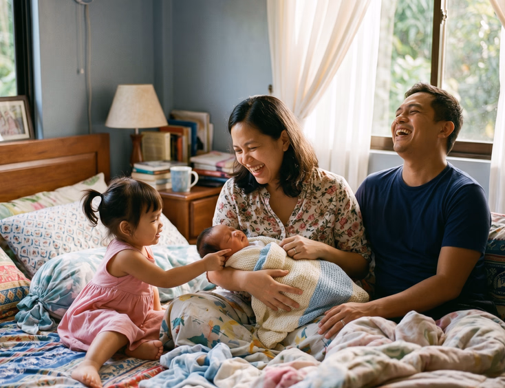 A happy Filipino family shares a candid lifestyle moment on a bed with soft window light as parents laugh and a toddler touches the newborn.