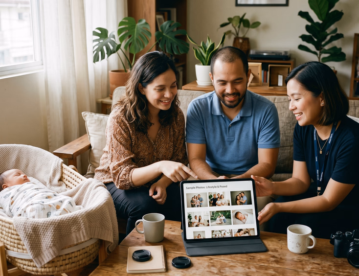 A Filipino couple thoughtfully discusses posed and lifestyle photography samples on a tablet with a photographer as their newborn rests nearby.
