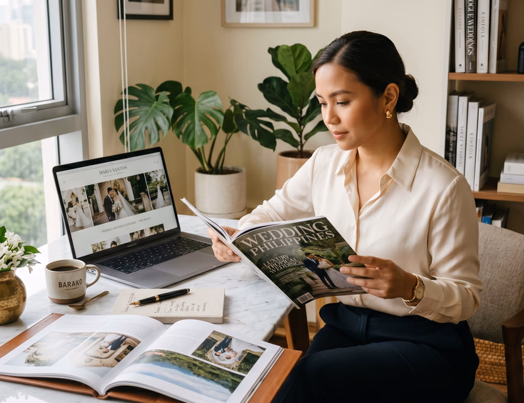 Filipino wedding photographer reviewing her premium portfolio on a laptop in her Makati studio.