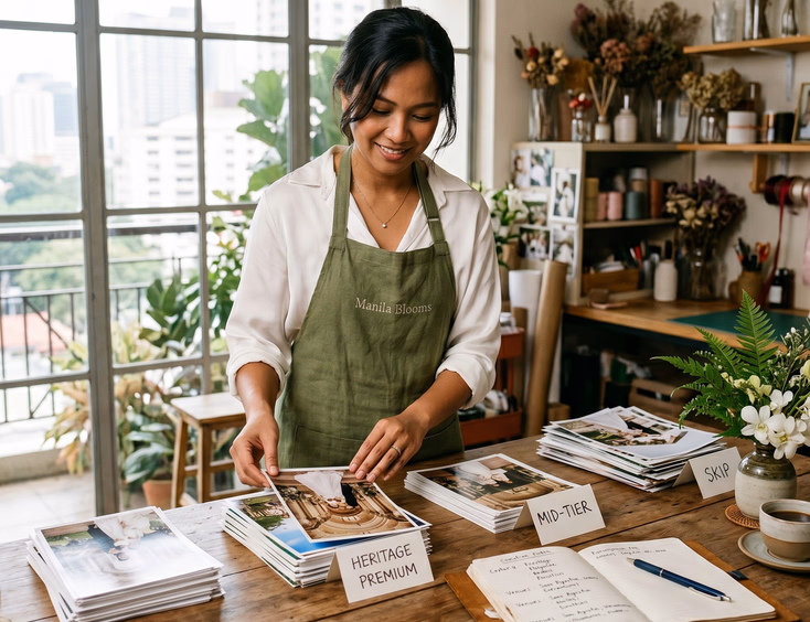 Filipino wedding florist curating premium wedding photos at her Makati studio worktable.