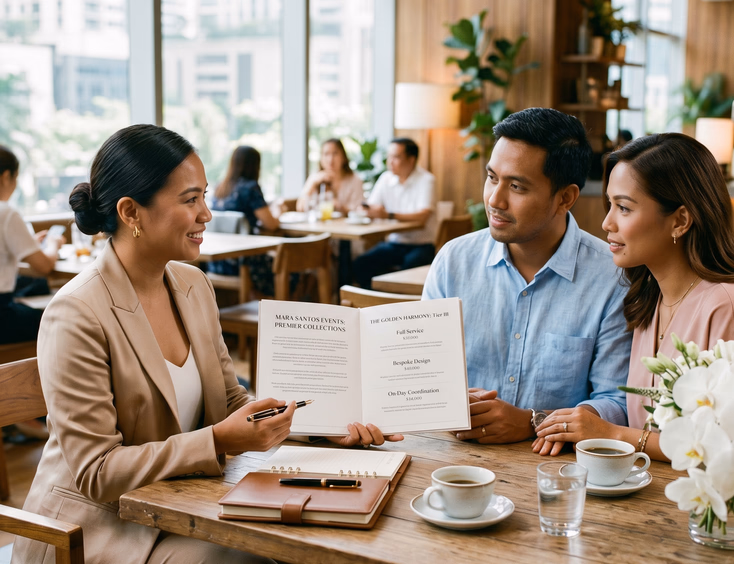 Filipino wedding coordinator presenting her premium pricing to an engaged couple at a Makati café.