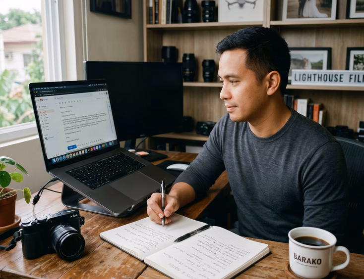 Filipino wedding videographer drafting an email response to a client inquiry in his Marikina studio.