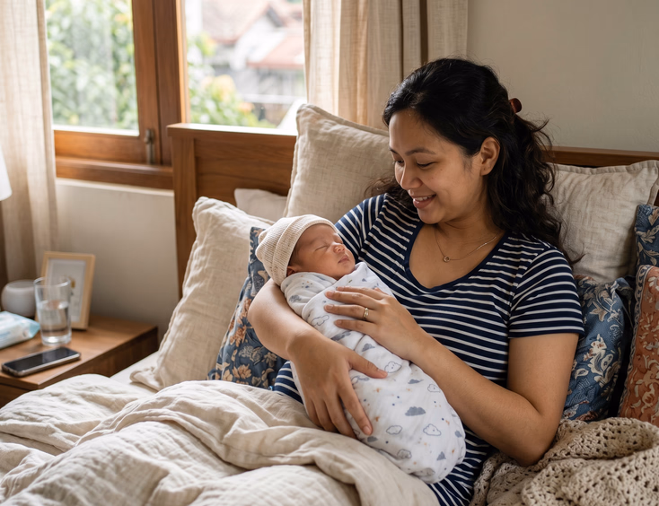 A new Filipino mother rests against pillows in bed while cradling her sleeping newborn, bathed in soft morning light in a cozy bedroom.