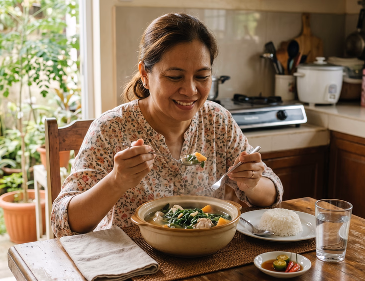 A Filipino mother enjoys a warm bowl of malunggay tinola soup at her kitchen table, with nourishing food and soft daylight creating a homey mood.