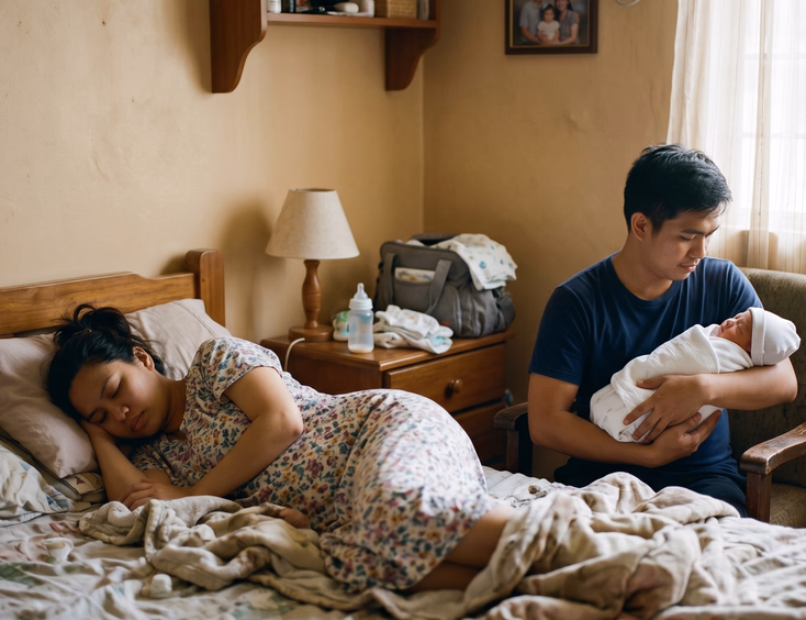 A tired Filipino mother naps on the bed during the day as her partner gently holds their newborn nearby in the soft dim afternoon light.