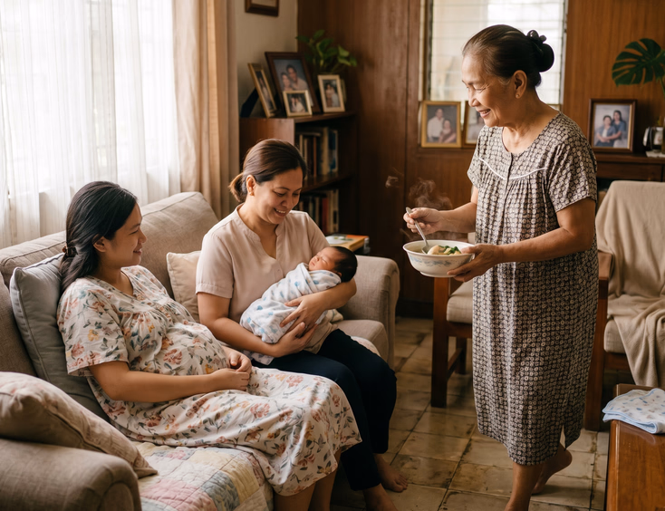 A Filipino grandmother brings soup to a resting mother while an aunt cradles the newborn in a warm, supportive multigenerational family scene.