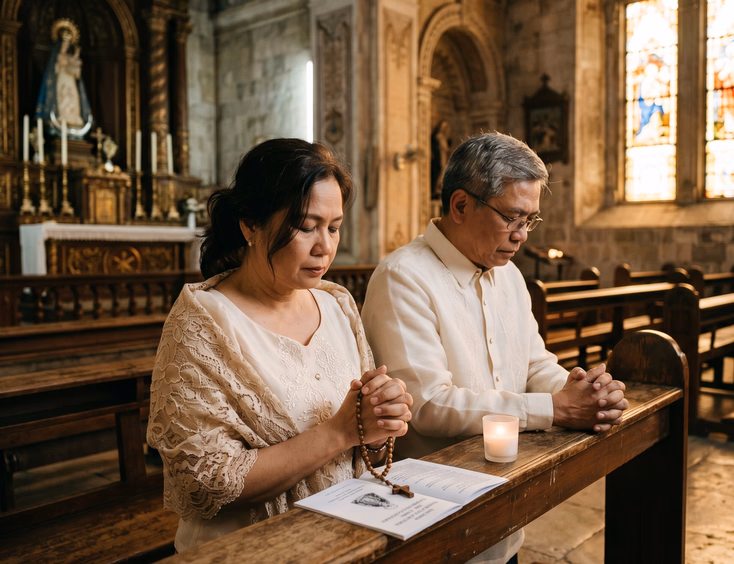 Filipino couple in their fifties kneeling and praying with a novena and lit candle inside a Spanish colonial church.