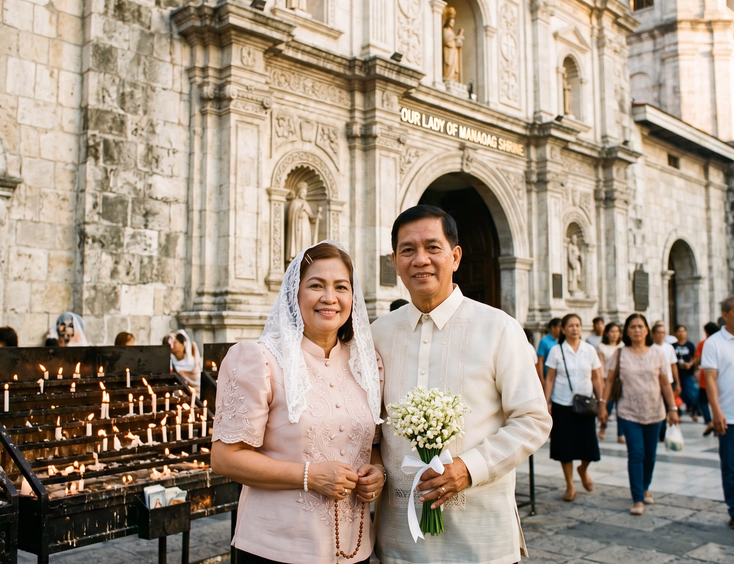 Filipino couple in traditional attire standing at the entrance of the Our Lady of Manaoag Shrine in Pangasinan.