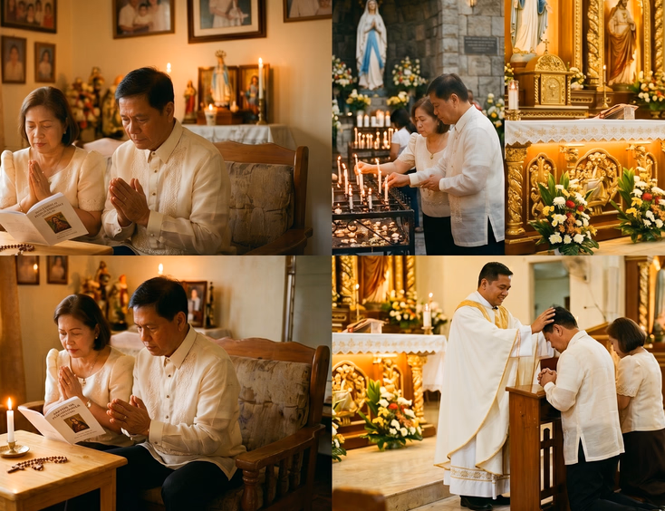 Sequential photos of a Filipino couple praying a novena, lighting shrine candles, and receiving a priestly blessing.