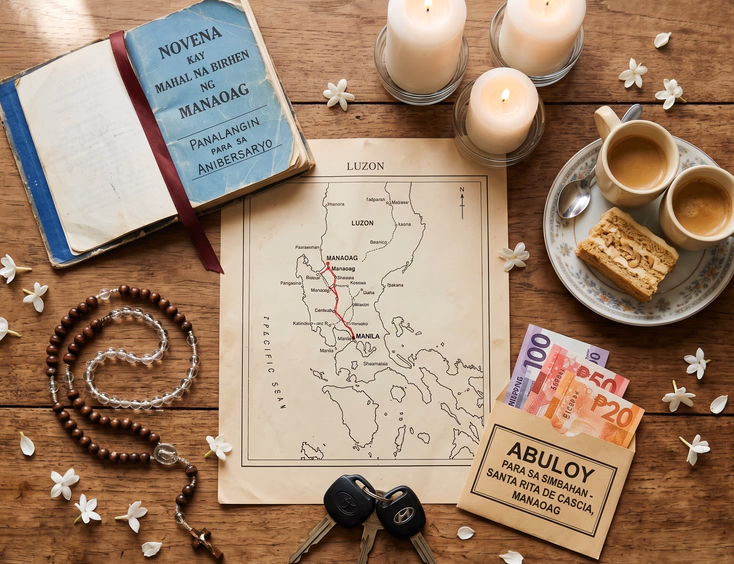 Flat lay of Filipino anniversary items, a rosary, candles, and a slice of sans rival cake on a wooden table.