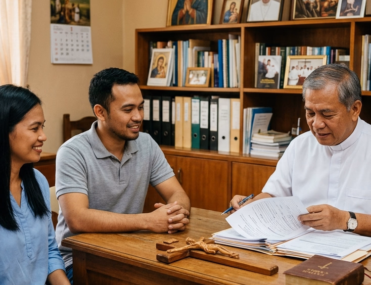 Filipino mixed-religion couple meeting with a Catholic parish priest to review wedding documents and dispensation requirements inside a parish office.