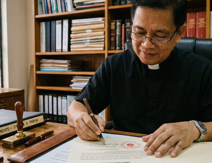 Filipino parish priest signing a dispensation document at his desk inside a diocesan office with canon law references in the background.