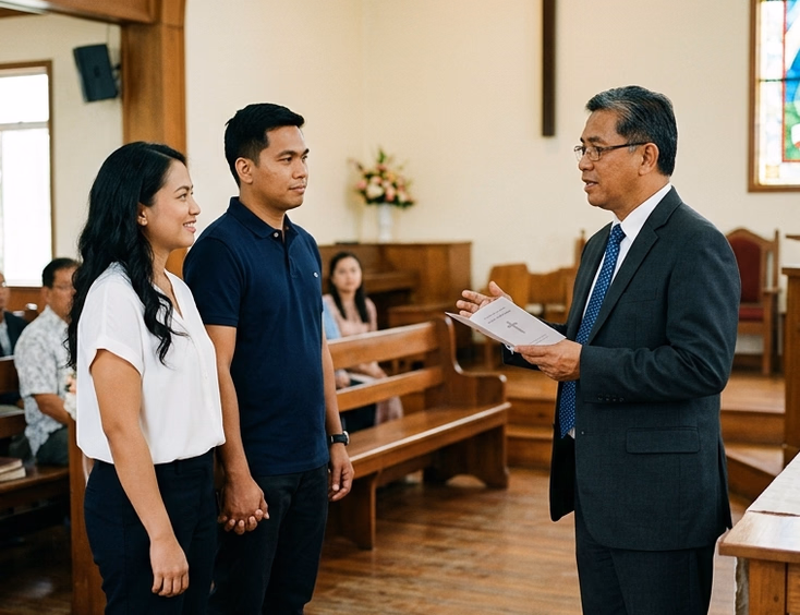 Filipino couple attending a wedding rehearsal with a Protestant pastor inside a Philippine chapel with wooden pews and stained glass windows.