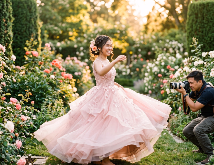 Filipino photographer captures a young Filipina debutante in a pastel pink ball gown twirling in a sunlit garden during golden hour.
