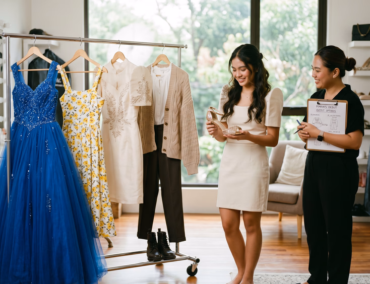 A young Filipina debutante and her stylist choose outfits and heels from a wardrobe rack for a pre-debut shoot inside a bright studio.