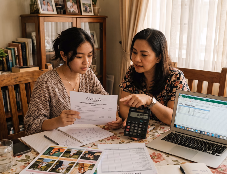A young Filipina debutante and a Filipino photographer collaborate on a printed photoshoot mood board and shot list at a sunlit cafe.