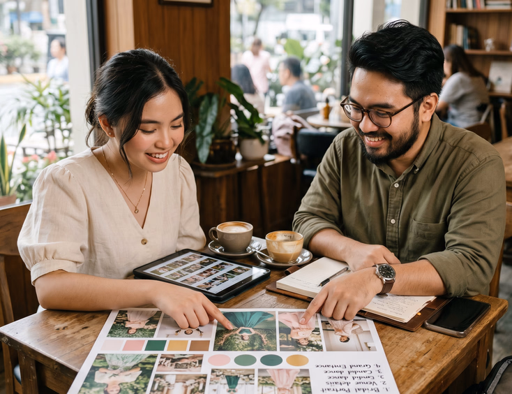 A young Filipina debutante and her mother review a pre-debut photography shoot quote and budget breakdown using a calculator at home.