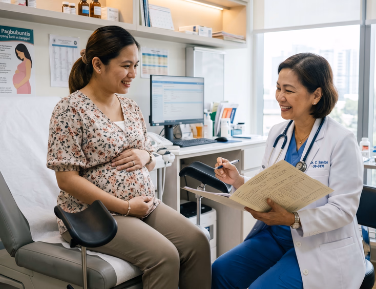 A first-time Filipino mother sits on an exam table during a prenatal checkup while her OB-GYN reviews her chart in a modern clinic.