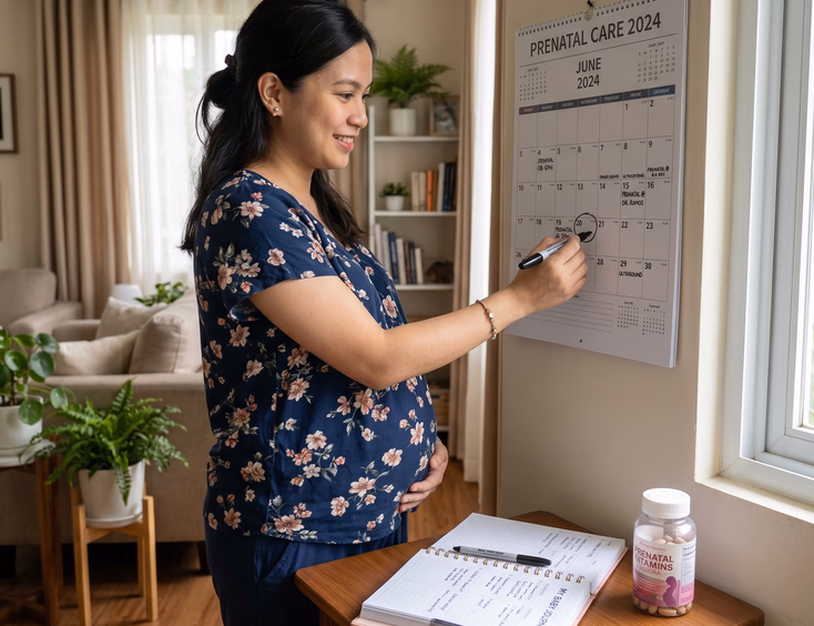 A pregnant Filipina marks her prenatal appointment dates on a wall calendar at home next to her vitamins and an organized planner.