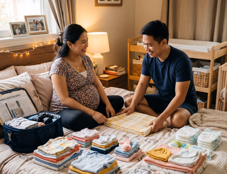 A pregnant Filipina in her third trimester packs a hospital bag on her bed with baby clothes while her partner helps fold a blanket.