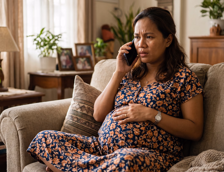 A concerned pregnant Filipina sits on a sofa, cradling her belly while holding a phone to her ear to call her doctor from her home.