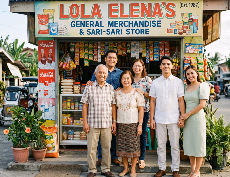 A multigenerational Filipino family stands proudly in front of their small family business storefront in the Philippines during the daytime.