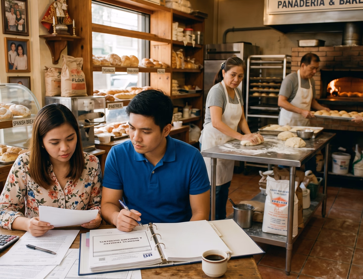 Inside a Filipino family bakery, an engaged couple with clear features reviews business ownership documents while their parents work in the background.