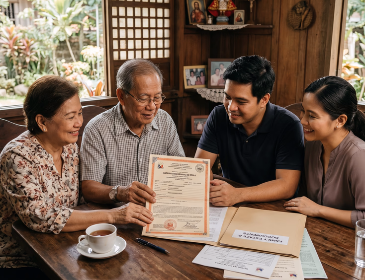Respectful older Filipino parents sit at a table in a traditional home, showing a land title and property documents to their adult child and partner.