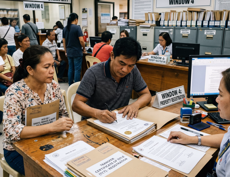 A Filipino couple registers business and property documents at a Registry of Deeds counter to shield assets, using official folders and stamps.