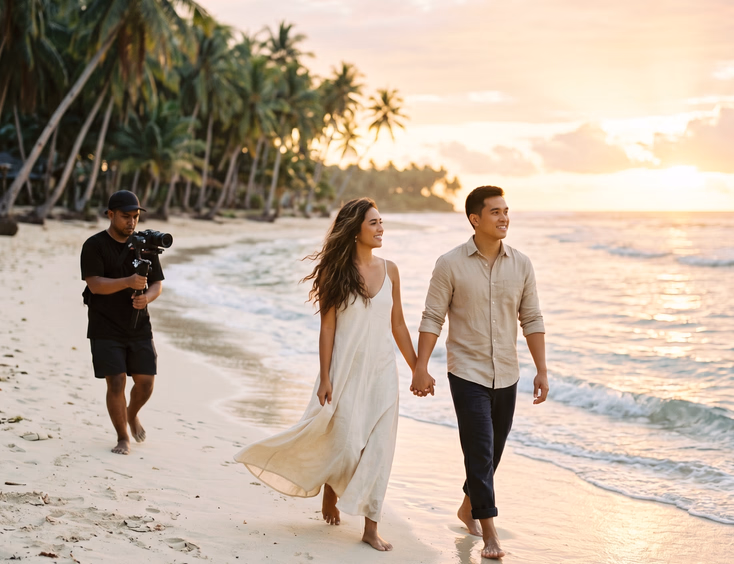 Filipino engaged couple walking barefoot along a Siargao shoreline at golden hour in flowing and linen outfits with coconut palms and gentle waves while a videographer films them from behind on a gimbal.