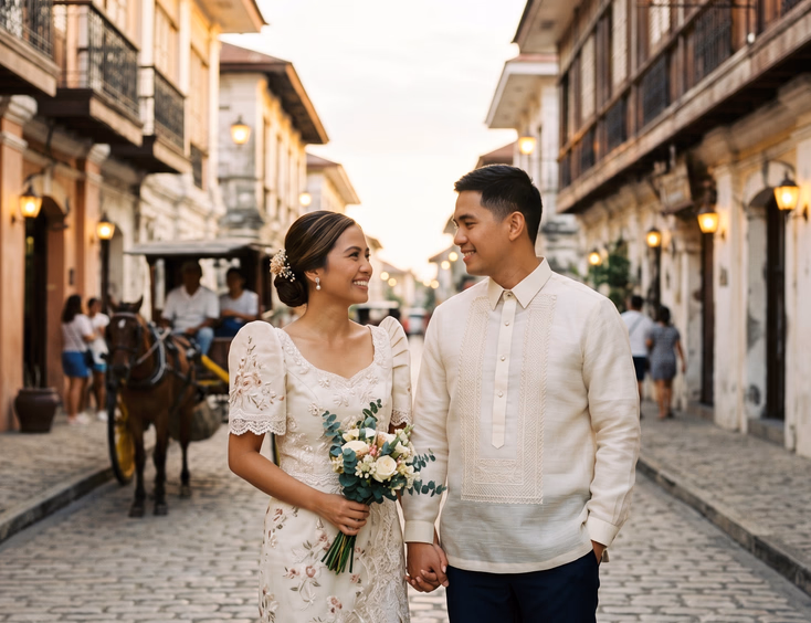 Filipino engaged couple in traditional traje de mestiza and cream barong tagalog standing on the historic cobblestone street of Calle Crisologo in Vigan with a blurred kalesa and colonial ancestral houses at golden hour.