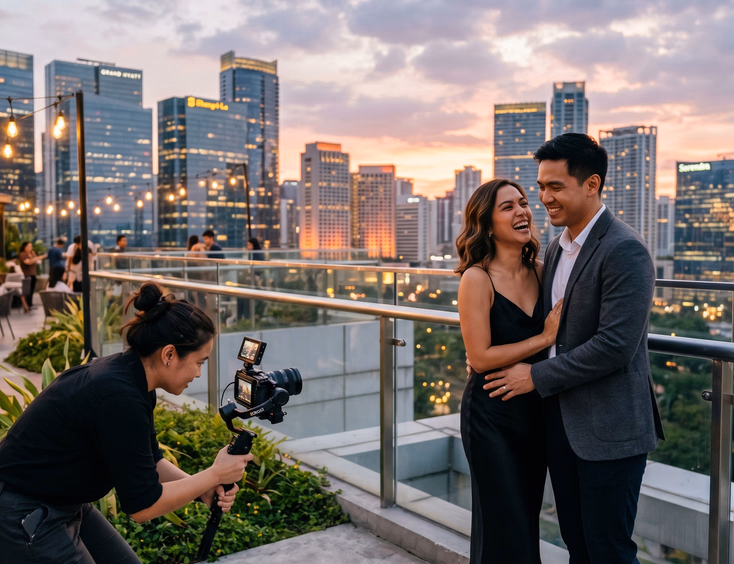 Filipino engaged couple laughing together on a BGC rooftop at sunset with the Manila skyline glowing orange and pink in the background while a female videographer captures the moment from a low angle.