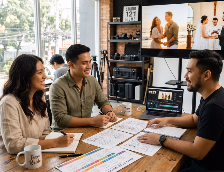 Filipino engaged couple reviewing prenup and wedding day video stills in a split-screen on a studio monitor during a planning meeting with their videographer surrounded by printed storyboards and a timeline.