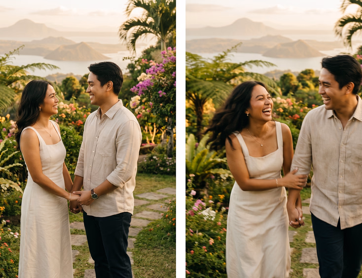 Split-screen editorial comparison of a still photograph versus a cinematic video still of a Filipino engaged couple in a Tagaytay garden at golden hour with matching warm color grade on both sides.