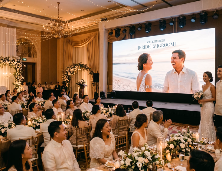 Filipino bride and groom watching their Siargao prenup video play on a large projection screen at their Manila ballroom wedding reception while guests smile and react in formal attire under warm reception lighting.