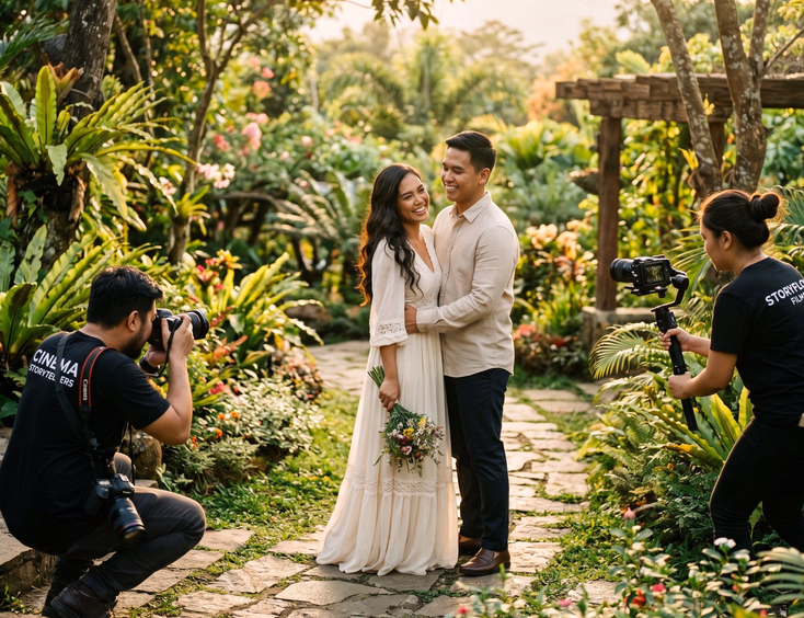 Filipino engaged couple posing in a lush Tagaytay garden at golden hour while a photographer and videographer coordinate their angles around them in a behind-the-scenes prenup shoot editorial moment.