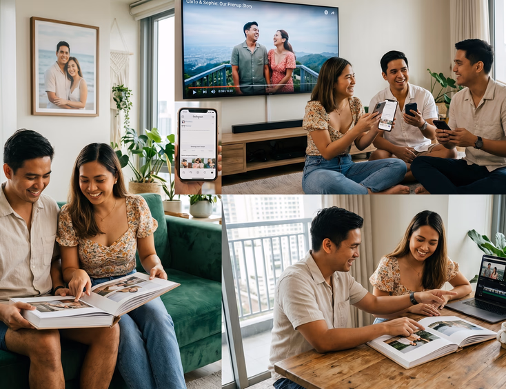Three Filipino engaged couples shown side by side reviewing their prenup memories with one couple browsing a photo album, another watching their prenup video on a TV, and the third reviewing both photos and video together.