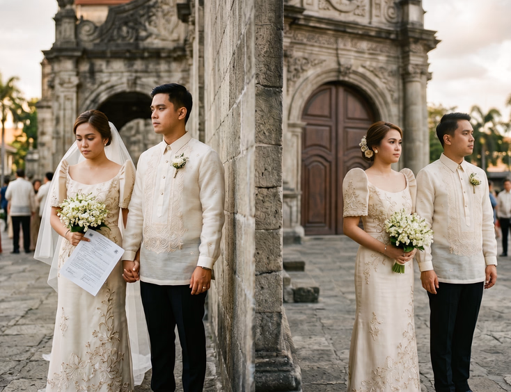 Two newlywed Filipino couples stand back to back outside a Manila church; one holds a folded document while the other couple holds nothing.