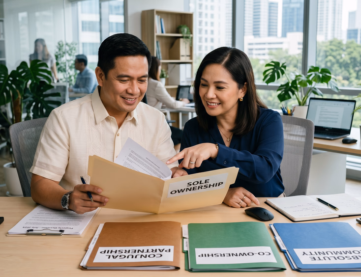 A decisive Filipino couple sits at a bright office desk, carefully choosing from four labeled folders representing property arrangements.