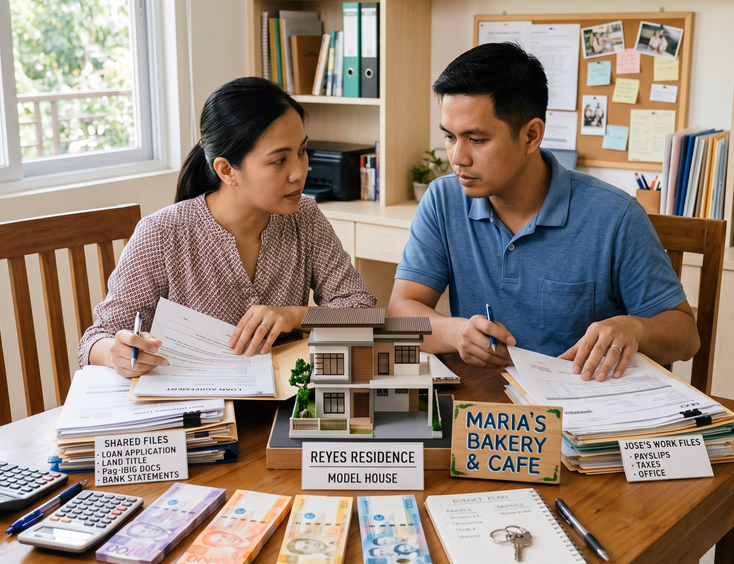 A focused Filipino couple reviews a house model, loan papers, and a small business sign, sorting items into separate and shared piles.