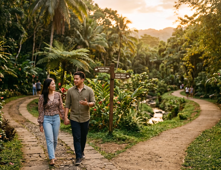 A contemplative Filipino couple walks hand in hand along a forking path in a lush park, thoughtfully discussing their future direction.